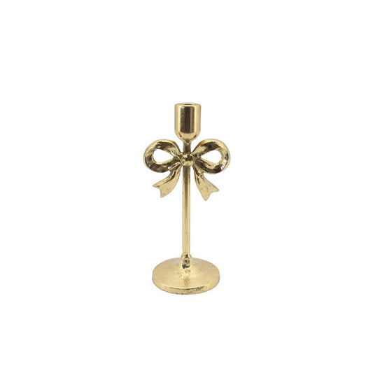 Single Taper Candle Holder Stand w Bow Gold (11x23cmH)