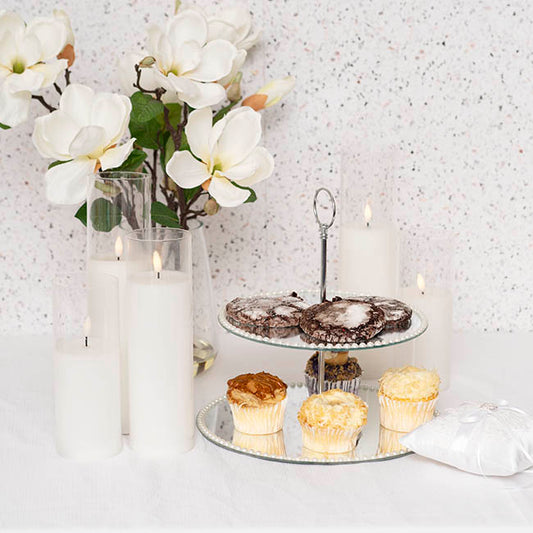 Elegant Cake Stand 2 Tier Mirror Pearl Edge Silver (32cmH)