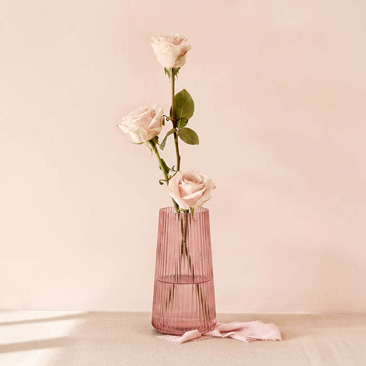 Glass Ribbed Cone Vase Dusty Pink (13x20cmH)
