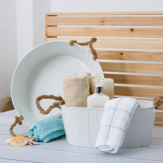 Metal Hamper Round Rope Handles White (30Dx12cmH)