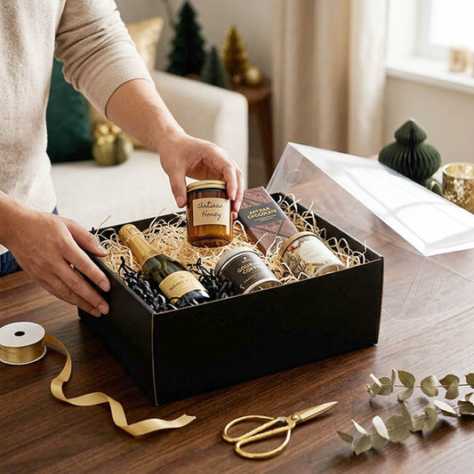 Gift Hamper Box with PVC Lid Rectangle Black (25Lx20Wx10Hcm)