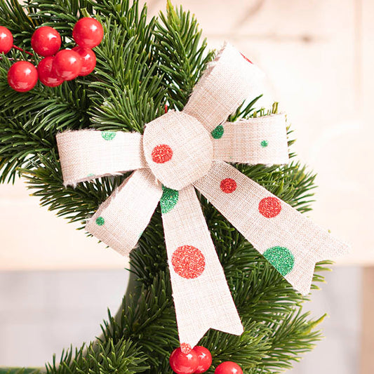 Pre-Made Bow Fabric Top Xmas Spots Pack 3 Natural (9*12cm)