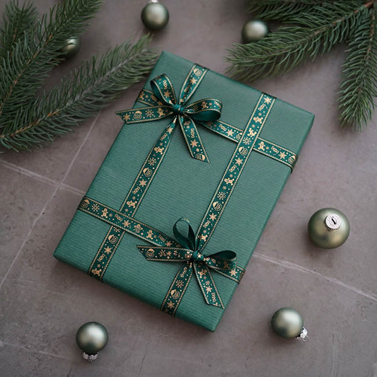 Ribbon Satin Christmas Motif Gold Foil Green (15mmx20m)