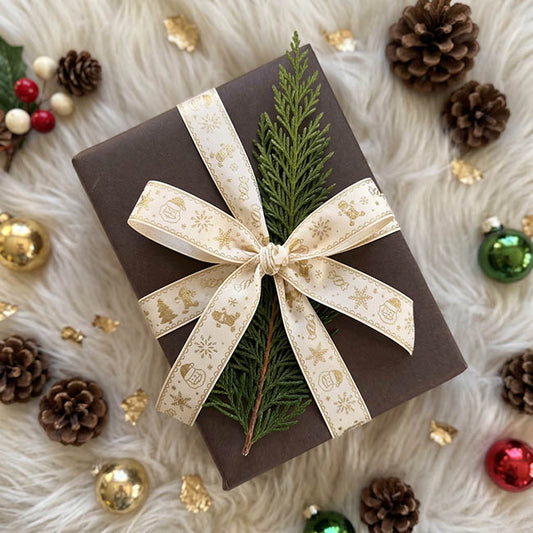 Ribbon Satin Christmas Motif Gold Foil Cream (15mmx20m)