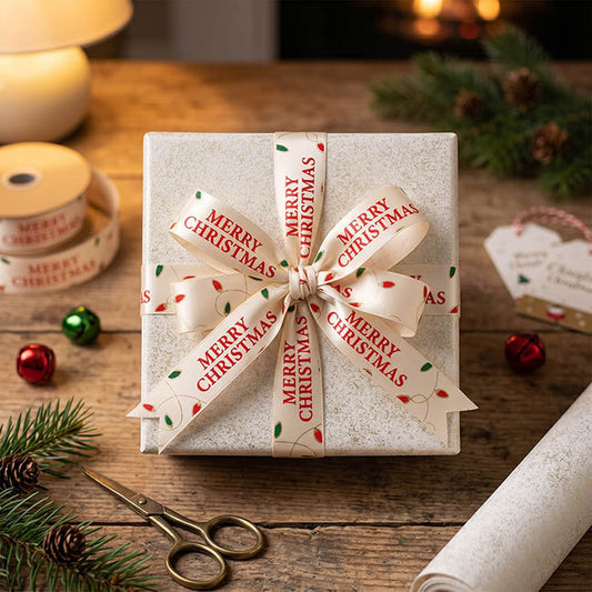 Ribbon Satin Merry Christmas & Lights Ivory (20mmx20m)