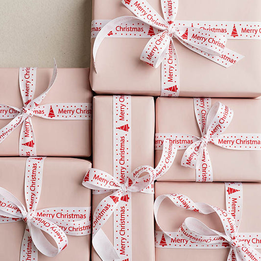 Ribbon Grosgrain Merry Christmas & Tree White (15mmx20m)
