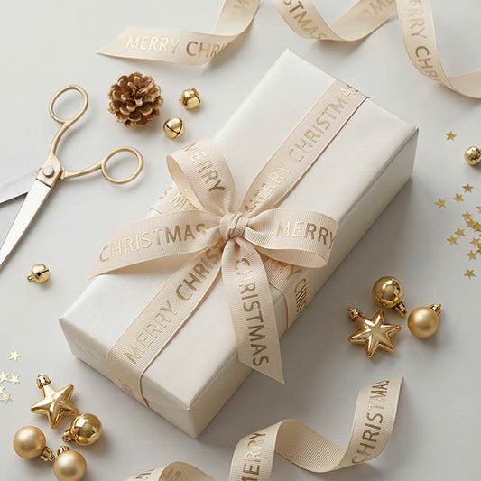 Ribbon Grosgrain Merry Christmas Gold Foil Cream (15mmx20m)