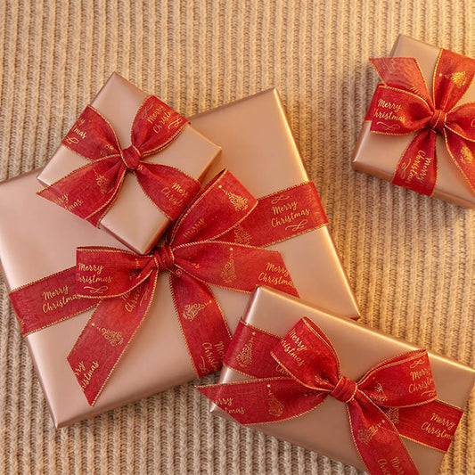 Ribbon Linen Wire Edge Merry Christmas Gold Red (60mmx20m)