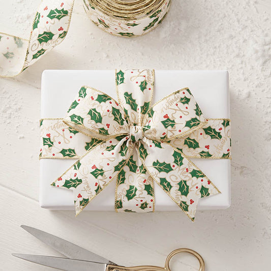 Ribbon Linen Wire Edge Christmas Holly White (60mmx20m)