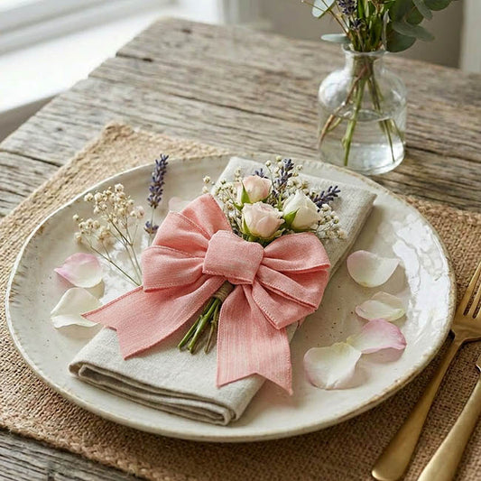 Pre-Made Bow Rustic Linen 6 Loops Country Pink (20x26cm)