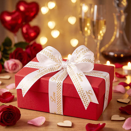 Ribbon Satin Love Heart Border Gold Foil White (25mmx25m)