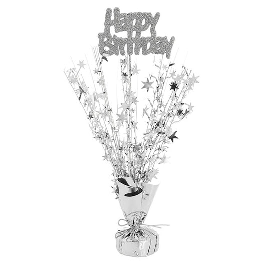 Balloon Weight Bursting Star Happy Bday Silver (35cmH)