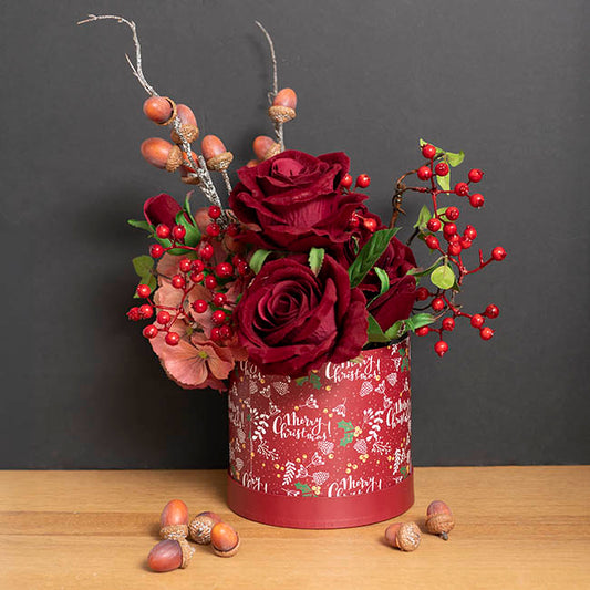 Flower Gift Hat Box Round Merry Xmas Red (15cmWx13.5cmH)