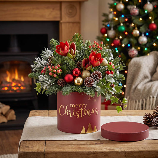 Flower Gift Hat Box Round Merry Xmas Red Gold(15cmWx13.5cmH)