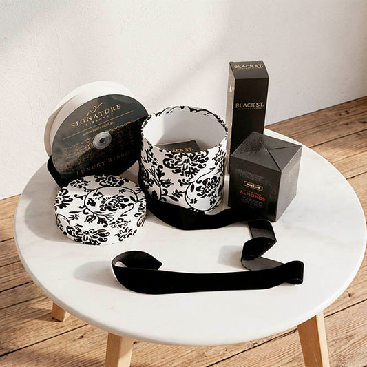 Flower Gift Hat Box Floral Flocked BlackWhite(15cmWx13.5cmH)