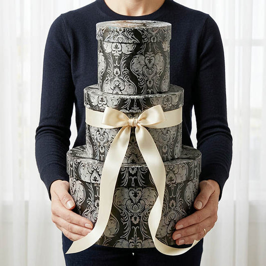 Flocked Gift Box Round Damask Black Set 3(25cmDx15cmH)