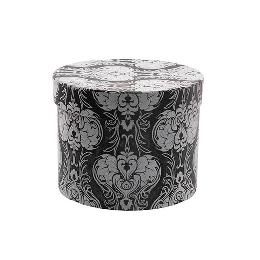 Flocked Gift Box Round Damask Black White Set 3(25cmDx15cmH)