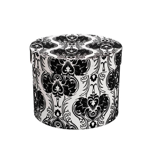 Flocked Gift Box Round Damask White Black Set 3(25cmDx15cmH)