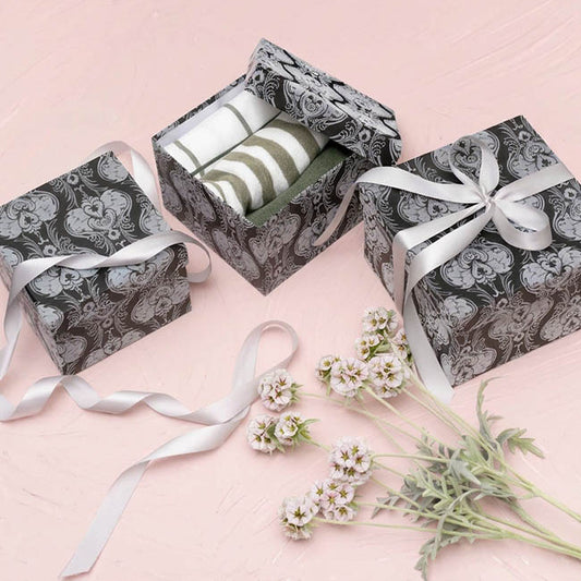 Flocked Gift Box Square Damask Black Set 3 (21.5x21.5x14cmH)