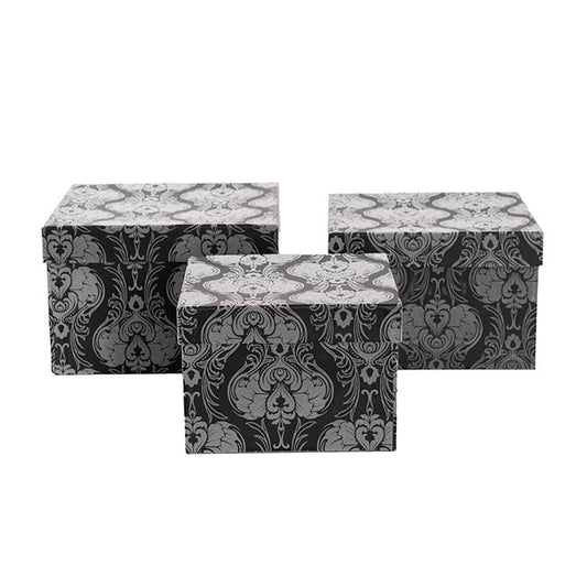 Flocked Gift Box Square Damask Black Set 3 (21.5x21.5x14cmH)