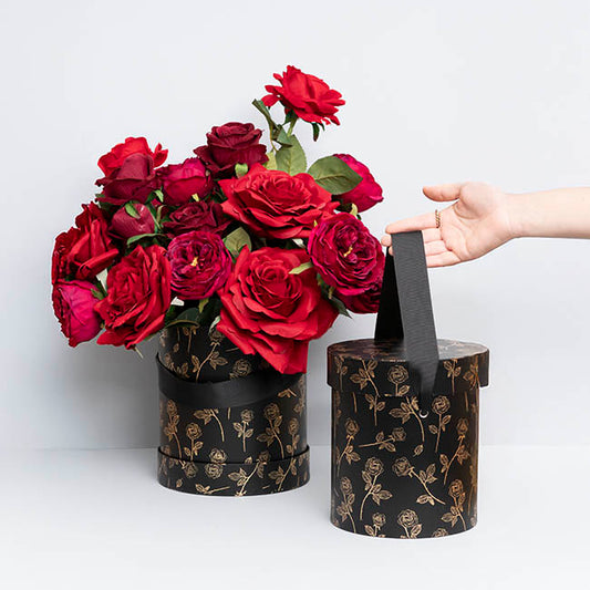 Hat Gift Box Deluxe Gold Foil Rose Black Set 2 (20Dx22cmH)