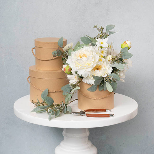 Flower Hat Box Petite Round Kraft Brown Set 3 (17Dx13.5cmH)