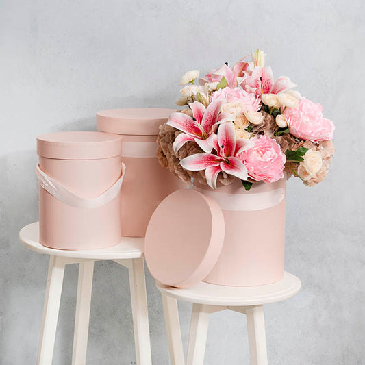 Flower Hat Box Tall Round Blush Pink Set 3 (24.5Dx30cmH)