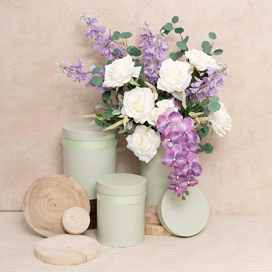 Flower Hat Box Tall Round Sage Green Set 3 (24.5Dx30cmH)