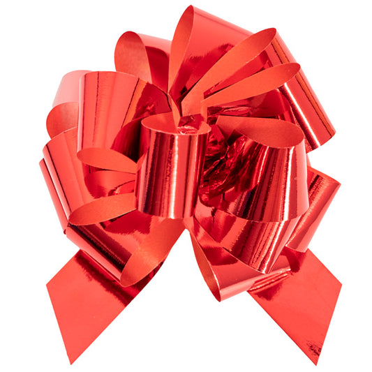 Ribbon Pull Bow Pom Pom Metallic Red (18mmx8.75cmD) Pack 5