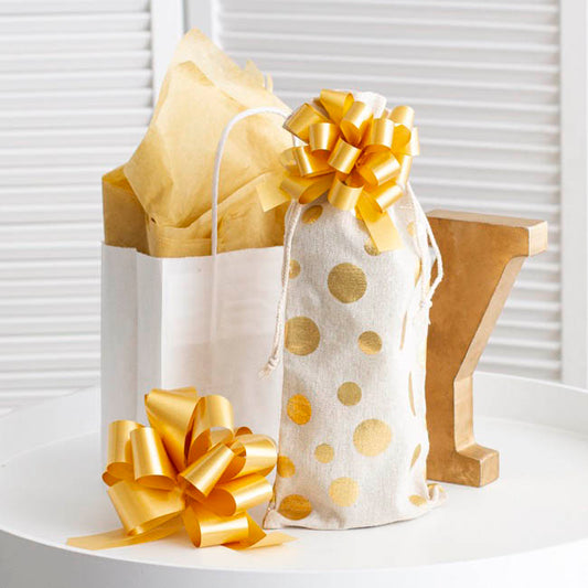 Ribbon Pull Bow Pom Pom Gold (32mmx12.5cm) Pack 5