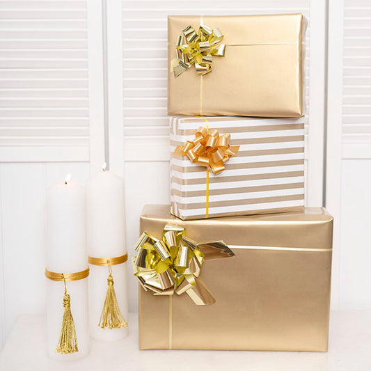 Ribbon Pull Bow Pom Pom Metallic Gold (32mmx12.5cm) Pack 5