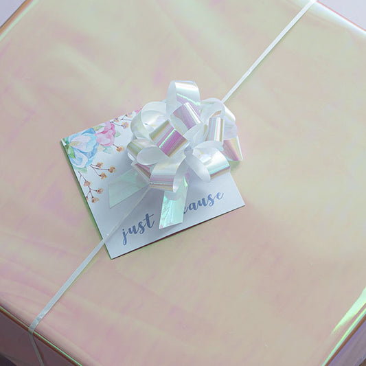 Ribbon Pull Bow Pom Pom Iridescent White (32mmx12.5cm) Pk5