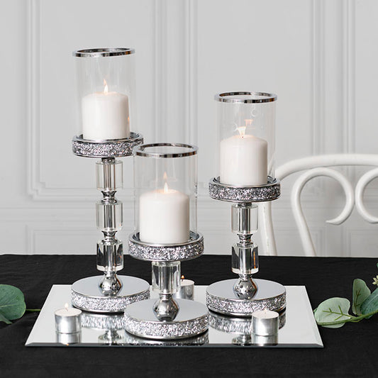 Glass Sleeve Pillar Candle Holder Stand Silver (26cmH)