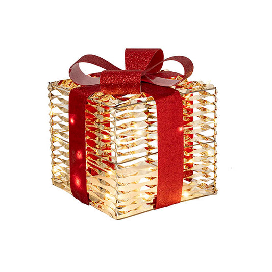 Metal Gift Box w Bow LED Set 3 Gold (15/20/25cm)
