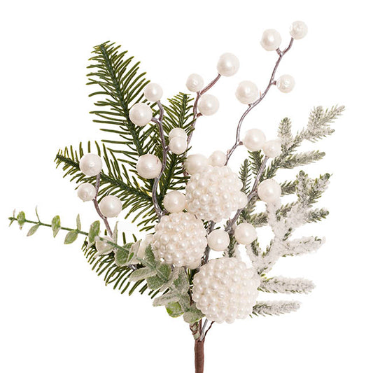 Berry Ball & Mixed Pine Spray White (32cmH)