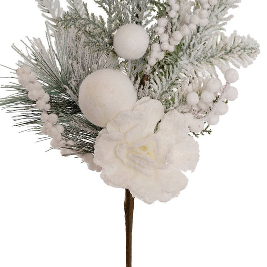 Snow Pine Flower Bauble Spray White (53cmH)