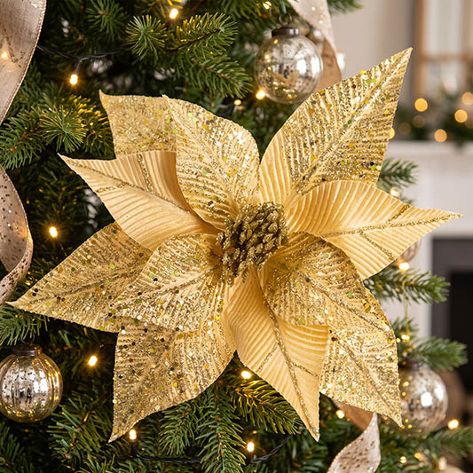 Shimmering Glitter Poinsettia Stem Champagne (30cmDx30cmH)