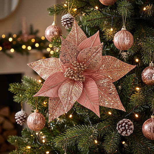 Shimmering Glitter Poinsettia Stem Rose Gold (30cmDx30cmH)