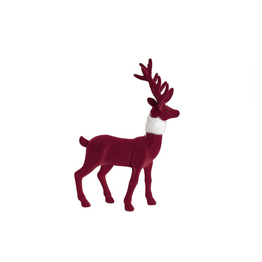 Standing Flocked Reindeer w Faux Fur Scarf Burgundy (37cmH)
