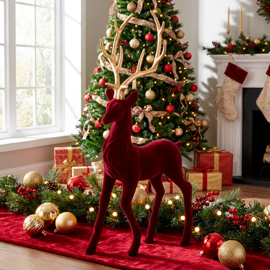 Standing Reindeer w Gold Antler Flocked Burgundy (38x85cmH)