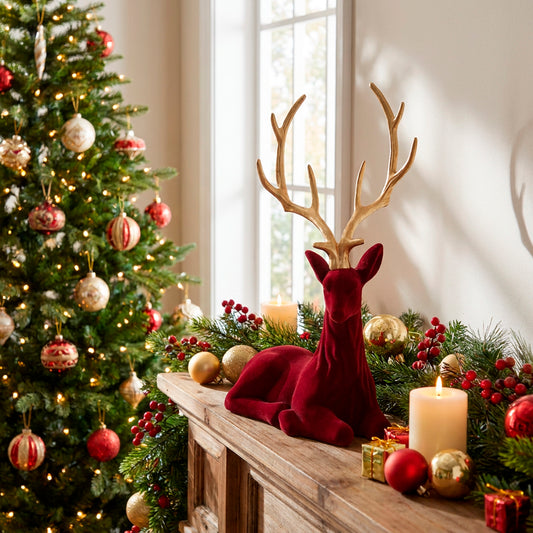 Sitting Reindeer w Gold Antler Flocked Burgundy (41x59cmH)