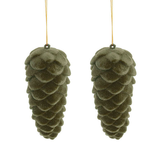 Hanging Flocked Pinecones Olive Green Pack 2 (13cmH)