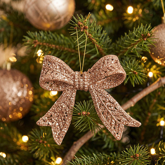 Hanging Glitter Bow Pack 2 Champagne Gold (9x10cmH)