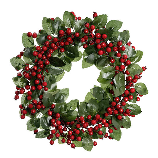 Lush Red Berry Wreath w Leaves Red (40cmD)