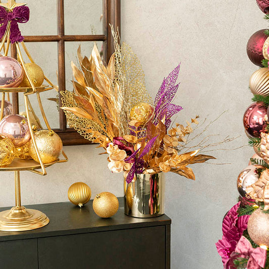 Artificial Glitter Leaf Spray Plum Purple (76cmH)