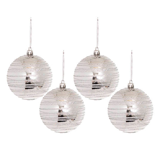 Glitter Shiny Baubles Pack 4 Silver (8cmD)