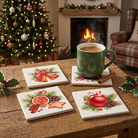 Christmas Decor Ceramic Coasters Set 4 White (10cmH)