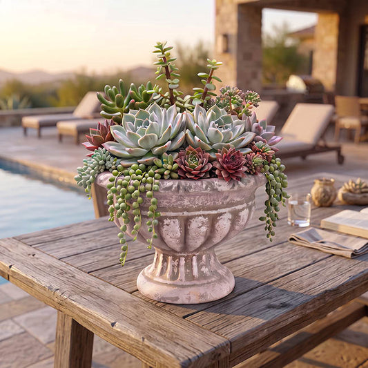 Ribbed Compote Planter Pot Washed Grey White (28x22cmH)