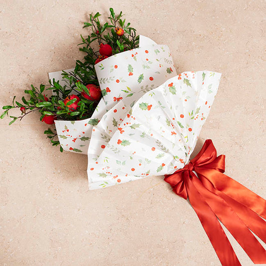 Cello Regal Christmas Holly 65mic White Pack 100 (50x70cm)