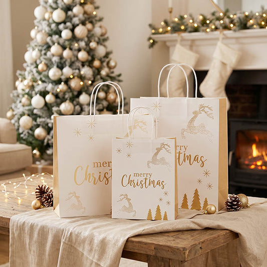 Kraft Paper Bag Small Reindeer Gold Pk10(180Wx85Gx215mmH)